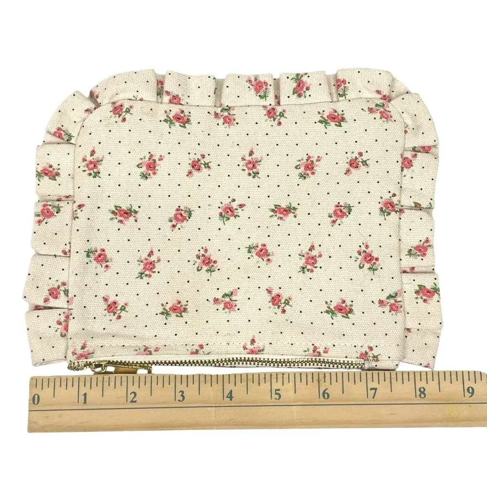 Sezane Pink‎ Floral Ruffle Trim Small Cosmetic Makeup Bag Victorian Cottagecore